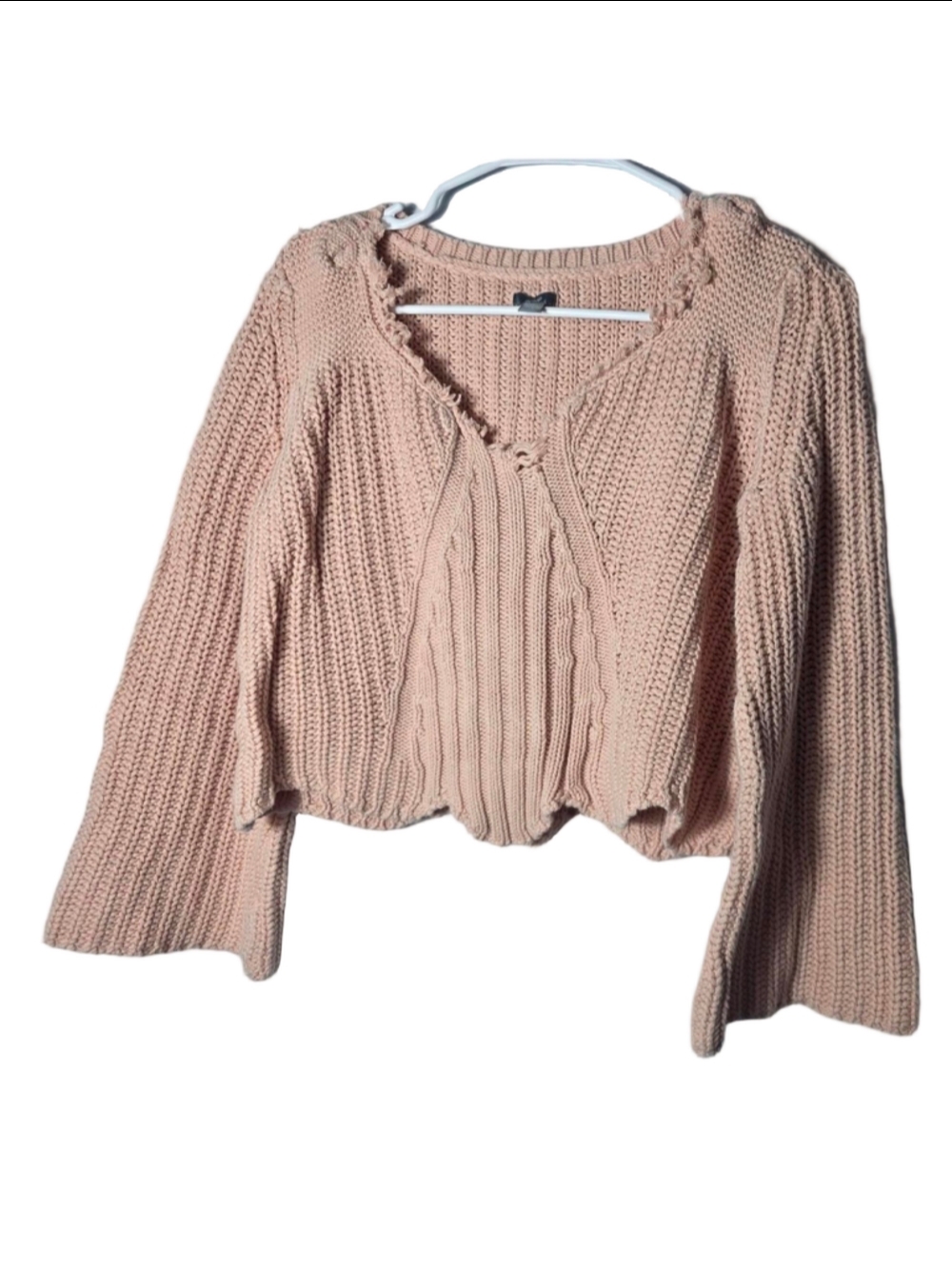 Aerie pink cropped sweater with bell sleeves small cottagecore crochet soft cozy